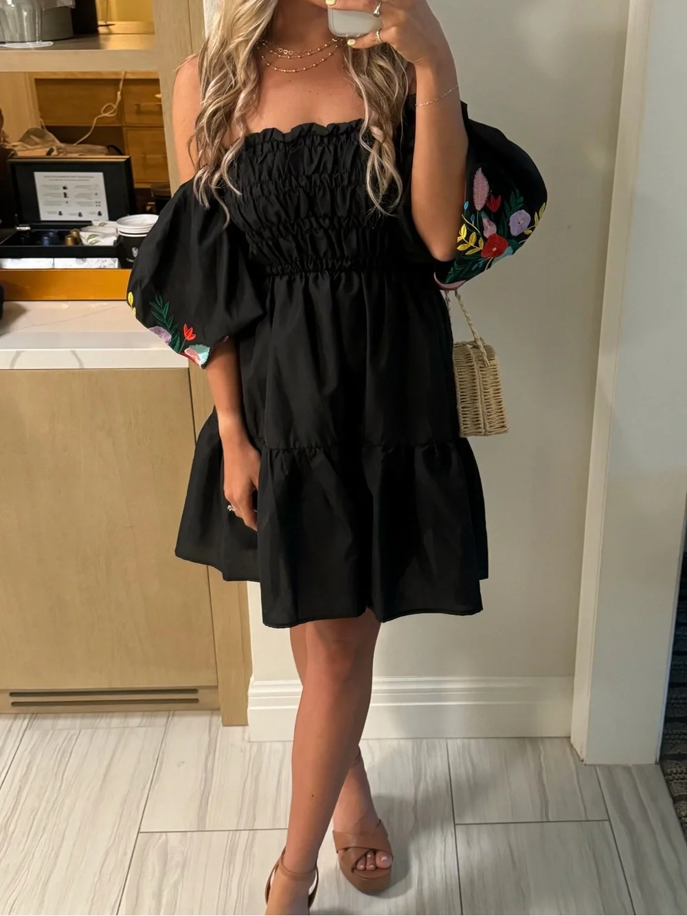 Black Smocked Off-Shoulder Mini Dress with Floral Sleeve Embroidery
